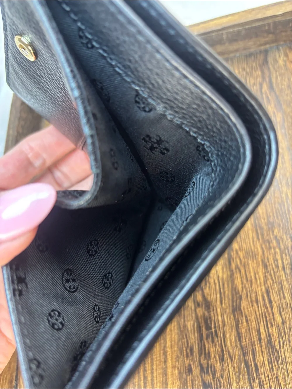 Tory Burch Black Pebbled Leather Zip-Around Wallet with Gold Logo